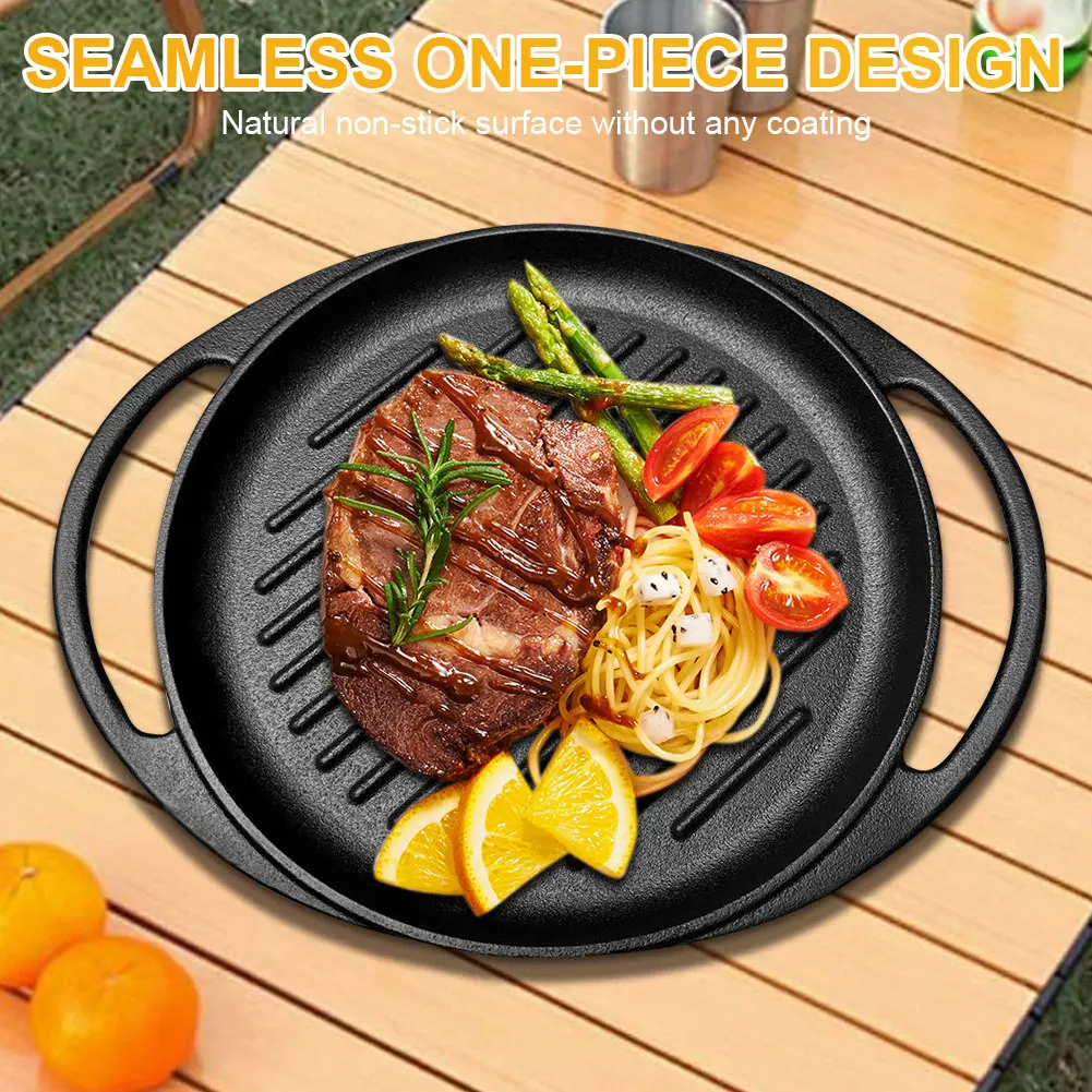 

10 Inch Iron Frying Pan Round Griddle with Dual Handles Skillet Pan for Open Fire and Gas Stoves