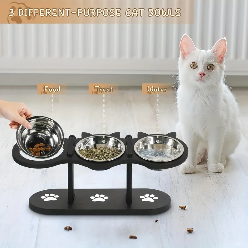 3-Tier Elevated Cat Bowl with Support Stands Wood & Stainless Steel Adjustable 15-Degree Angle Stand Slanted Pet Food Bowl view 4