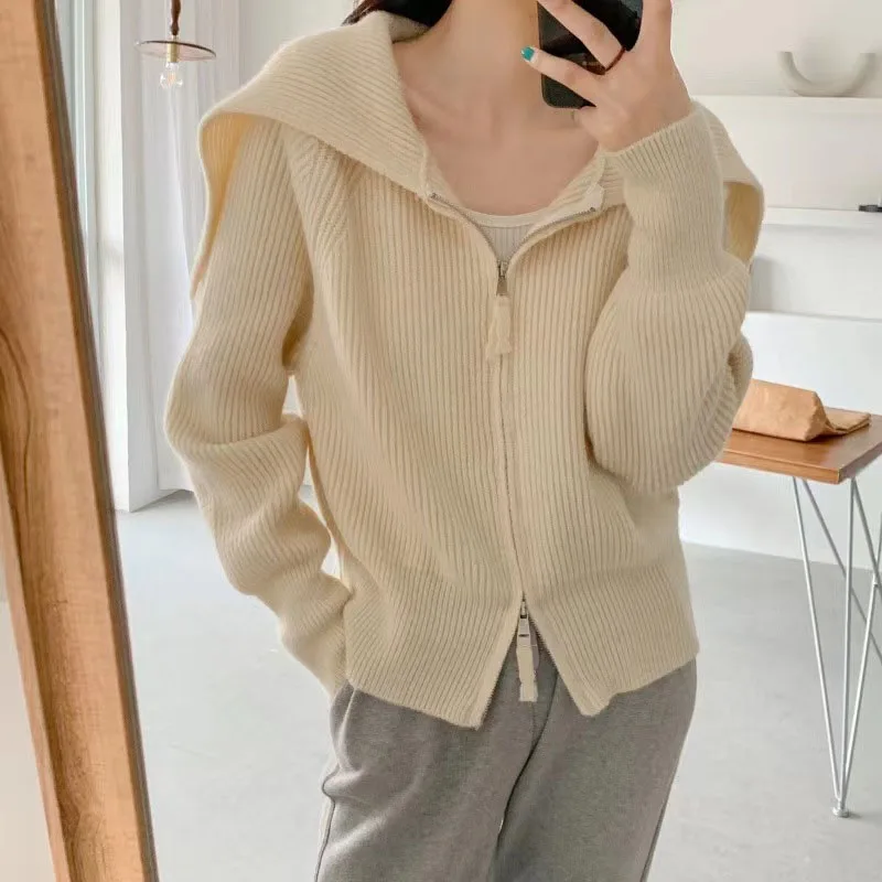 Women\'s Lapel Knitted Cardigans 2024 Autumn Winter New Long Sleeved Zipper Short Sweater Chic Solid Color Loose Ladies Tops