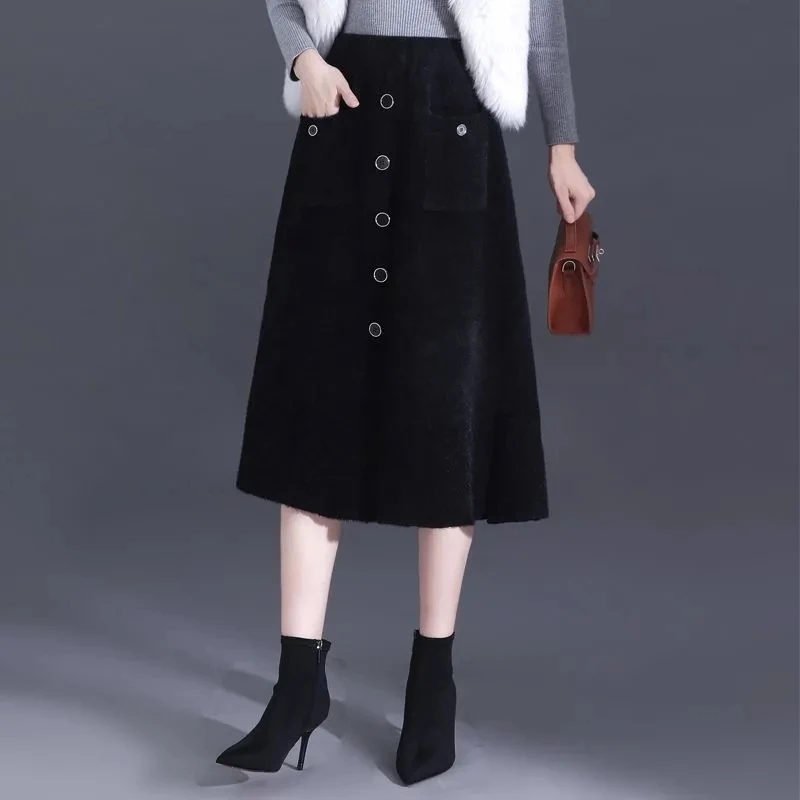 Thickened Mink Fur Mid Length Skirt Autumn And Winter Women's High Waist Knitted Yarn A-Line Umbrella skirt  w1572