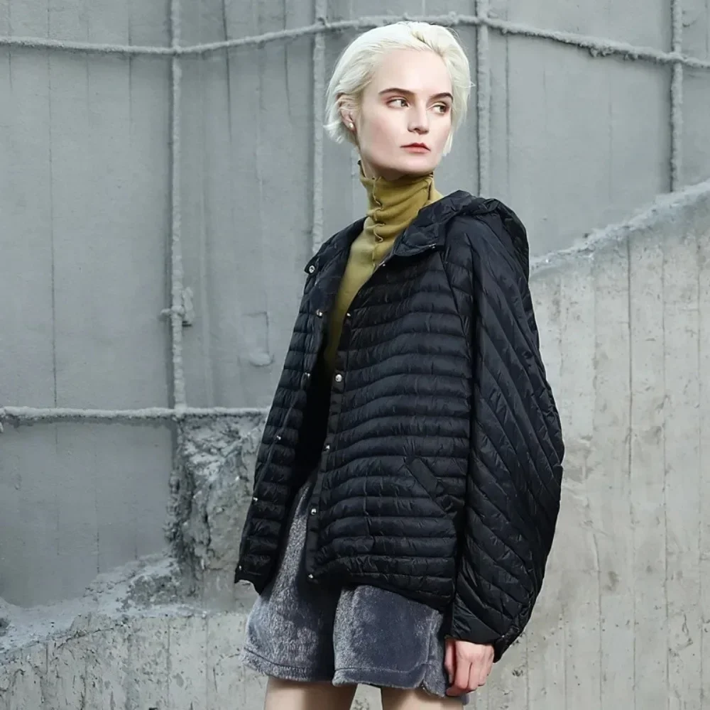 Mulheres novo inverno vintage oversize capuz puffer jaqueta ultra leve lanterna manga pato branco para baixo casaco penas feminino casual