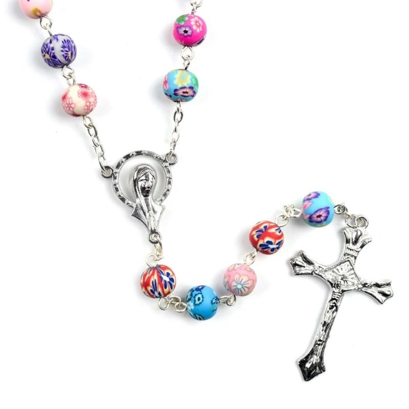 Collar Rosario religioso Multicolor para colgante crucifijo cruzado, cadena cuentas Jewe