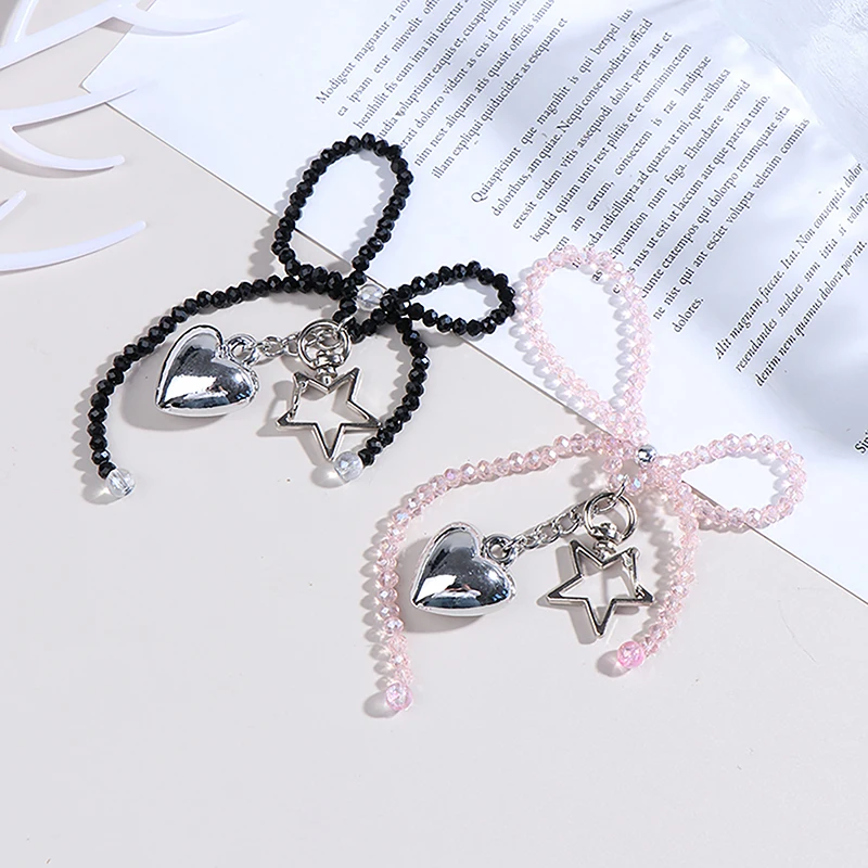 Korean Sweet Beaded Bow Heart Pendant Keychain Bag Charm Detachable Phone Lanyard Y2K Aesthetic Key Holder For Girls Bag