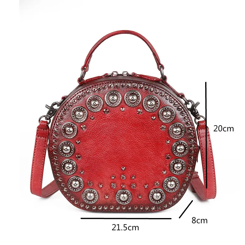 MOTAORA Vintage Handmade Shoulder Bags For Women Rivet Round Luxury Handbags Ladies Genuine Leather Bag For Woman Trend 2024 New