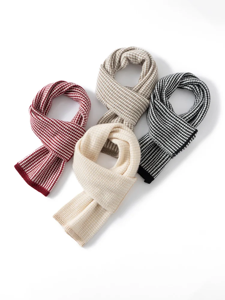 

New Arrivals Autumn Winter Thick Double-sided 100% Cashmere Contrast Stripe Scarf Soft Warm Knit Neckerchief Tops
