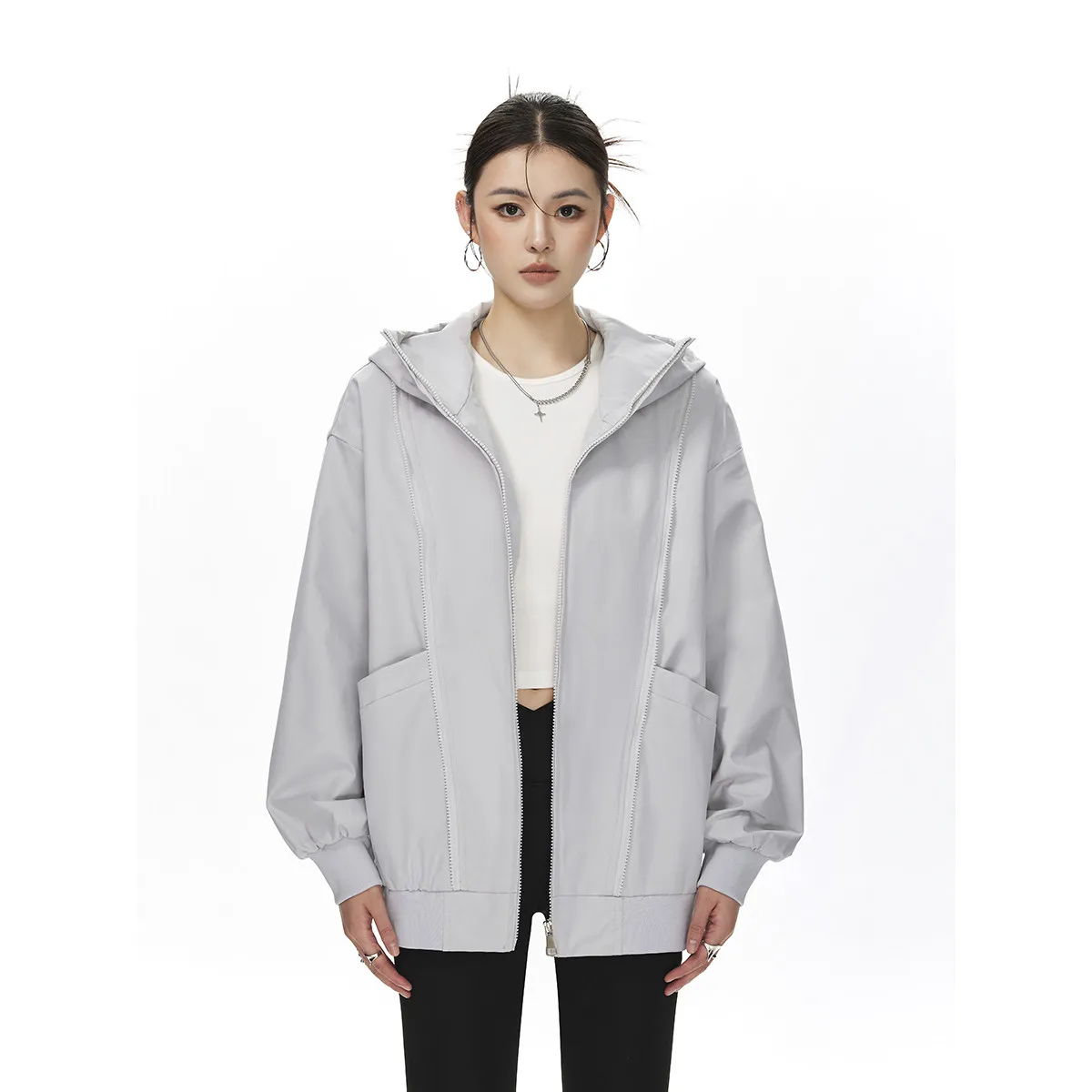 SuperAen Zipper Decorated Oversize Jacket for Women 2026 Spring New Solid Color High Street Pocket Fashion Jackets
