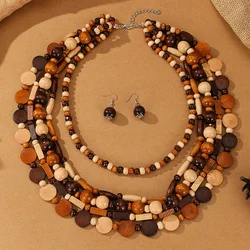 1SET 7 Multi Layer Handmade Wood Beads Necklace Earrings Jewelry Set Vintage Statement Collar Boho Bib Beads Long African Jewel