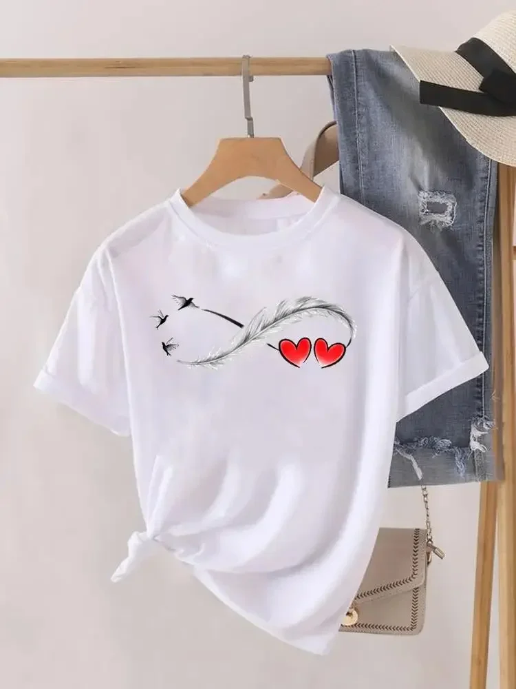 

Plus - Size Women's White Short - Sleeve T - shirt, Feather, Hearts & Birds Print, Soft & Comfy