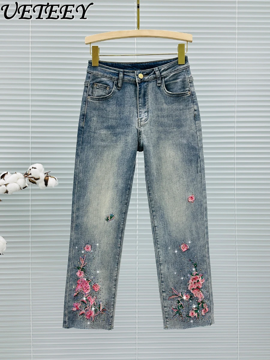 

Vintage Embroidery Rhinestone Straight Jeans Women 2024 New Spring Summer Trousers High Waist Slim-Fit Smoke Tube Cropped Pants