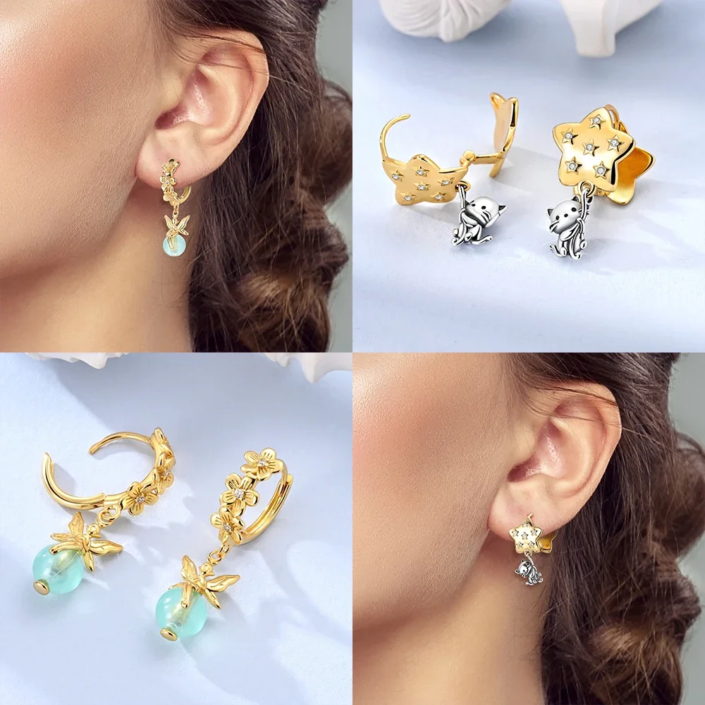 

Original 925 Silver Earrings Glowing Blue Flower Fairy Earring Gold Star Cat Earrings Jewelry Women Valentine's Day Fine Gift