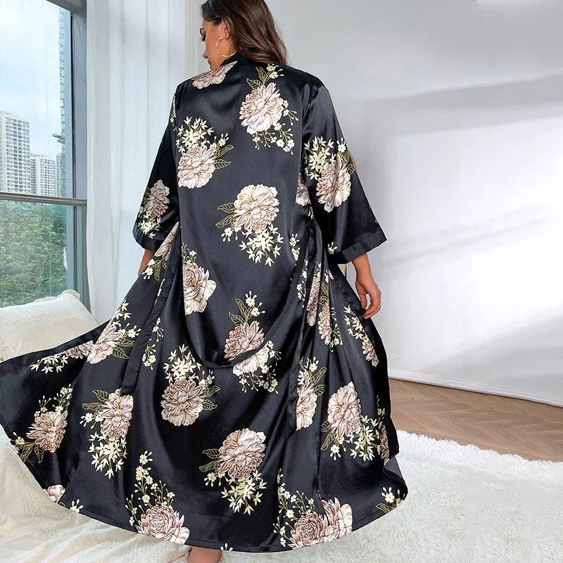 Oversize Female Long Kimono Bathrobe Gown Summer Satin Robe Nightgown Set Sleepwear Loose Print Flower Home Dress Lounge Wear