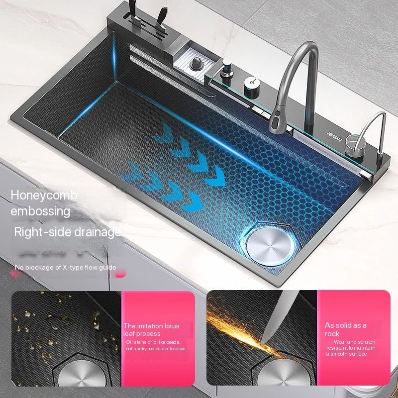 Integrated Waterfall Kitchen Sink Honeycomb Technology Large Digitial Display Stainless Steel Soap Dispenser Cup Washer