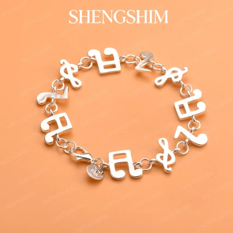 SHENGSHIM 925 Sterling Silver Musical Note Clef Pendant Bracelet Bangle For Men Women Fashion Jewelry Party Birthday Gift