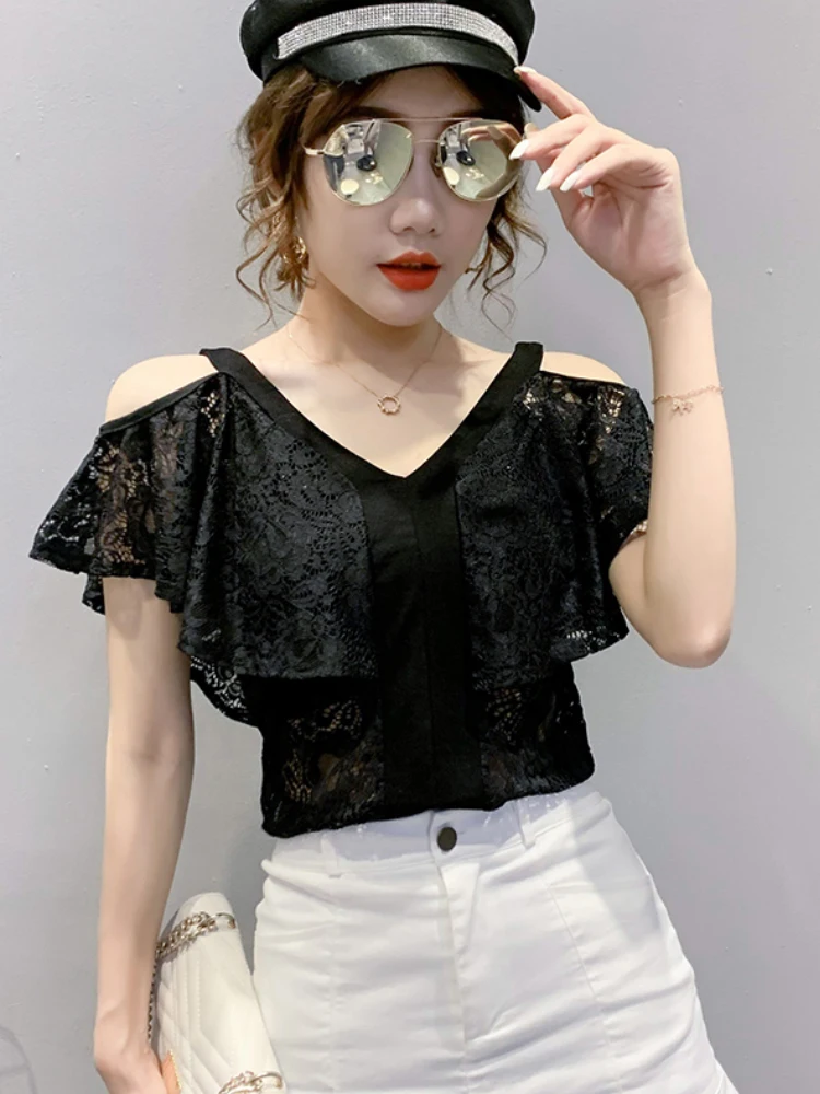 

Кружевное плечо для похудения Bared ort Sve T irt Женский модный дизайн f Sve Top Street Sle V Ne Summer New A...