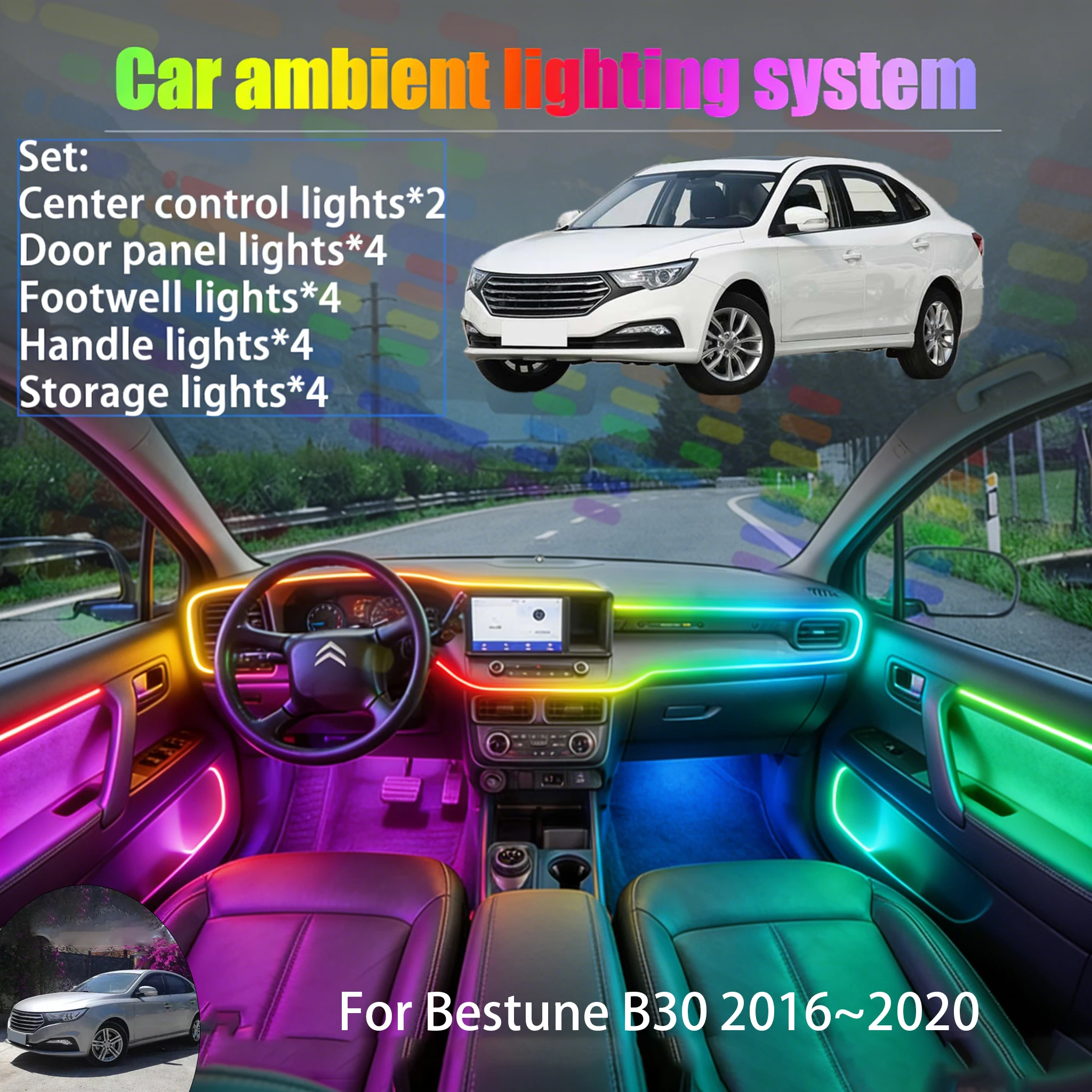 For Bestune B30 2016~2020 2/18 in 1 Car ambient lighting Led trunk interior led lights USB RGB Ensemble Streamer Auto Parts