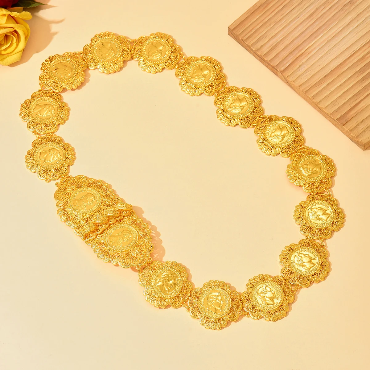 A Luxurious Golden Retro Ethnic Style Metal Hollow-Carved Round Portrait Design Adjustable Length Handmade Formal Event Belt