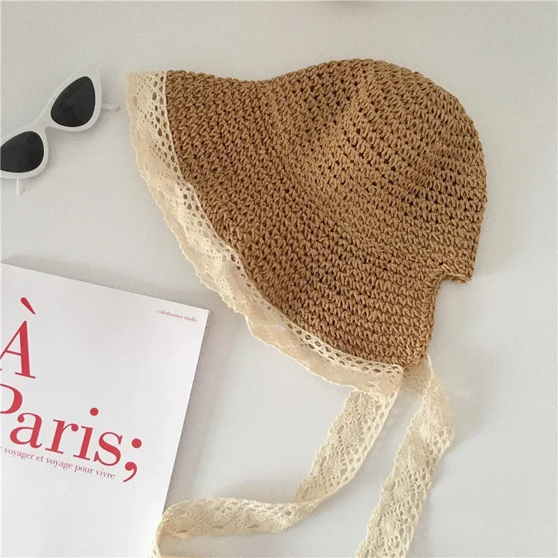 Women's Summer Lace Ribbon Straw Panama Hat Anti-UV Woven Cap with Ponytail Holder Sunshade Beach Outdoor  Visor