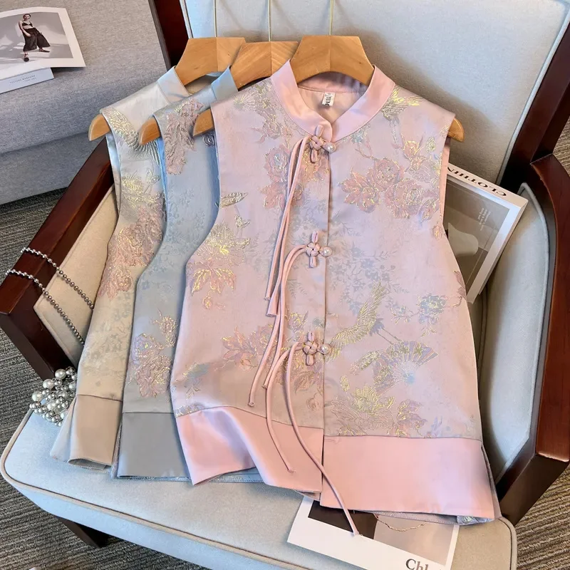 New Chinese Style Buckle Vest for Women 2025 New Spring Autumn Jacquard Sleeveless Jacket Tops Fashionable Vest Female Waistcoat
