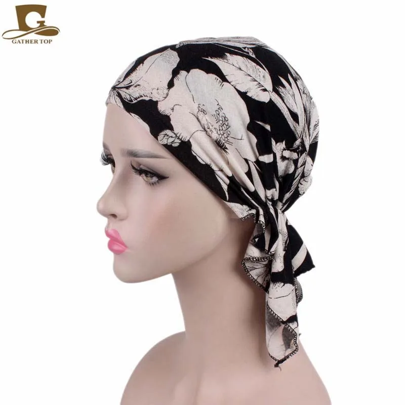 Muslim Pre-Tied Style Cotton Turban Hat Headscarf Ladies Floral Print Bandanas Soft Headwear Hair Loss Cancer Chemo Cap Turbante