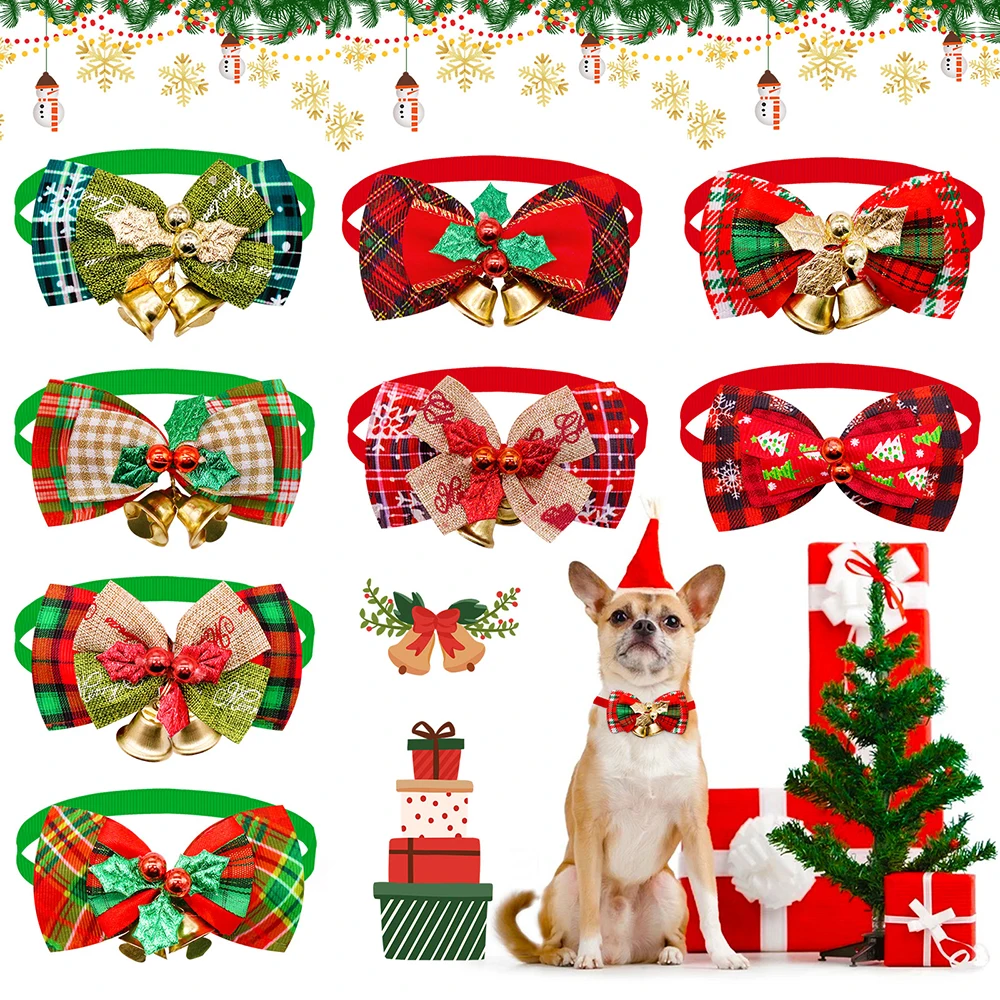 5PCS Pet Collars With Bell Christmas Adjustable Dog Bowties Neckties Plaid Dog Bow Ties Pet Grooming Accessories For Dogs