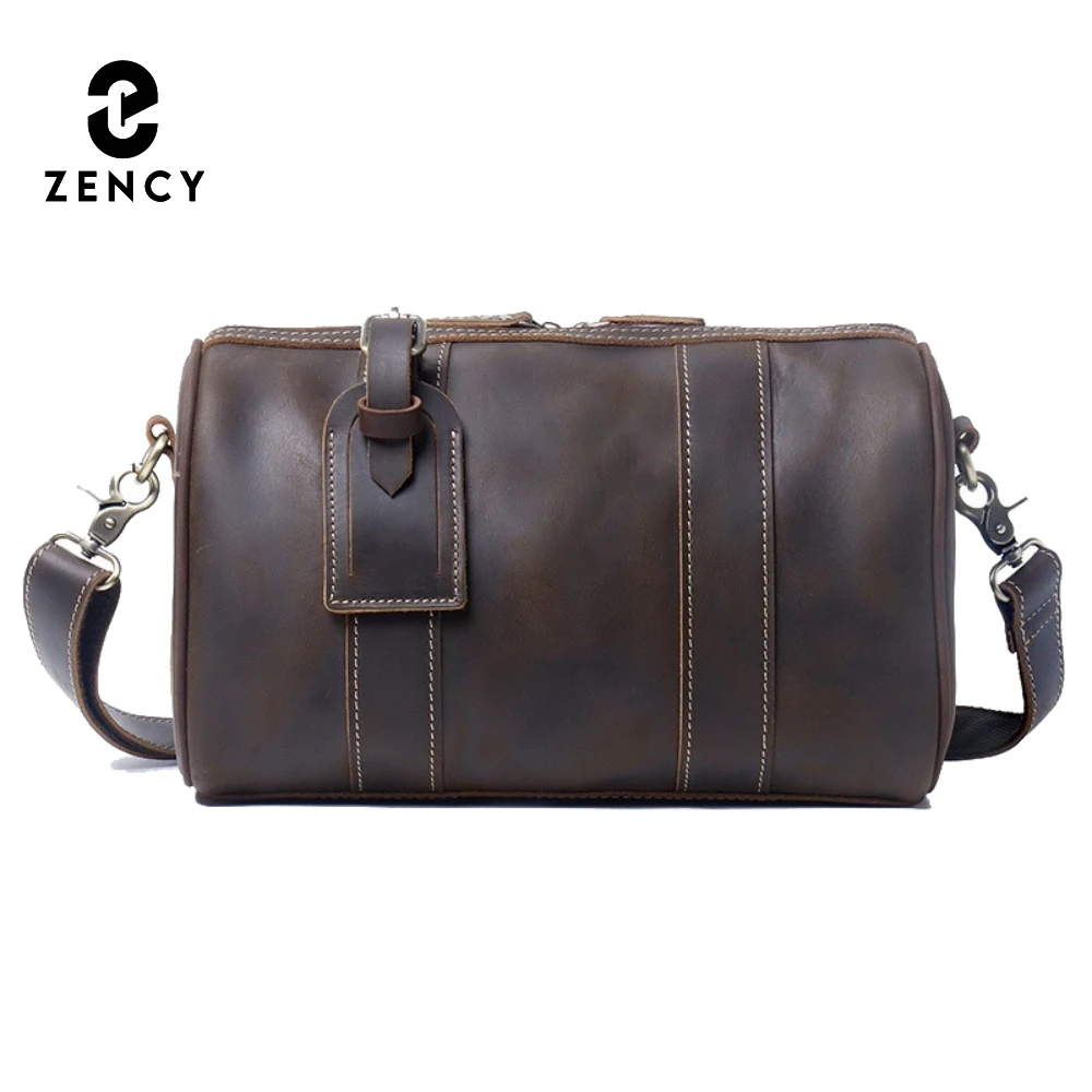 Zency Genuine Leather Men Shoulder Bag Vintage Large Capacity Bucket Bag Casual Handbag for Travel Shopping Work Cross-body Bags