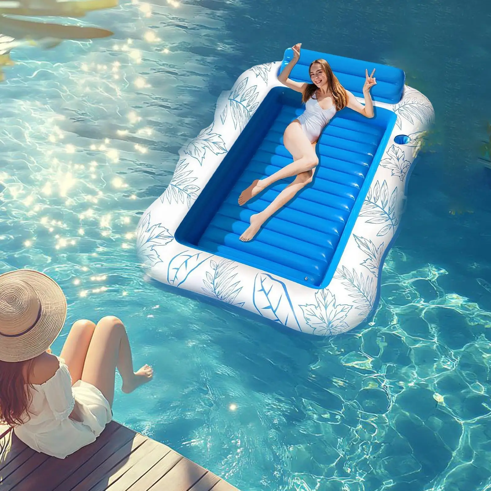 Piscina flutua inflável flutuante rede de água portátil jangada de piscina com suporte de copo para bronzeamento água jogar férias quintal viagem