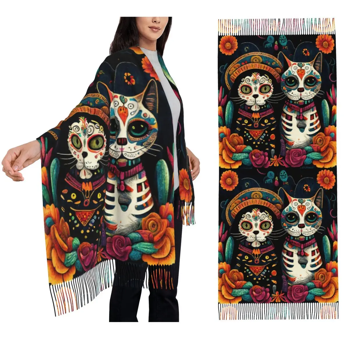 

Day Of The Dead Kitten Cat Sugar Skull Dia De Los Muertos Tassel Scarves Women Shawls and Wraps Large Fall Winter Shawl Wrap