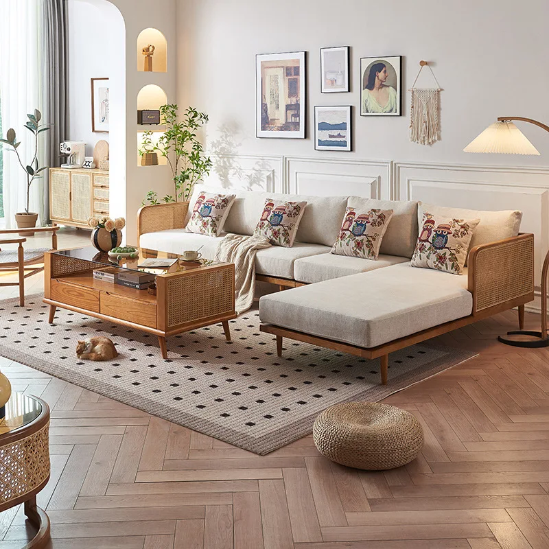 

New Chinese-style solid wood rattan sofa living room wabi sandy wind ash wood hotel lobby princess three-person cotton and linen