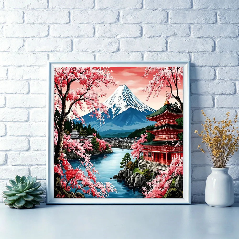 HUACAN Printed Cross Stitch Kit Mountain Landscape Volcano Hobbies Creative House Embroidery Cherry Blossom 11CT Hand Sewing - view 3