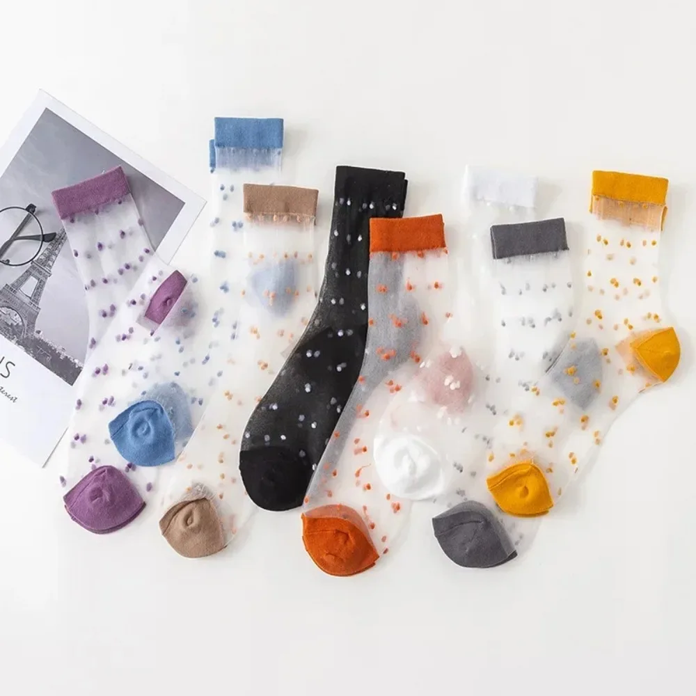 Polka Dot Women Socks Transparent Clear Crystal Silk Socks Summer Thin Mesh Japanese Fashion Nylon High Long Socks Stockings
