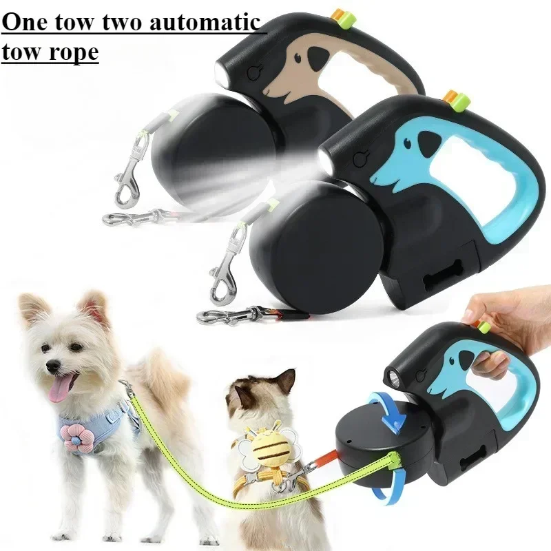3m Rotating Nylon Pet Leash for 2 Dogs Adjustable Double Rope Leashes with Flashlight Poop Bag Box Pet Traction Rope Retractable