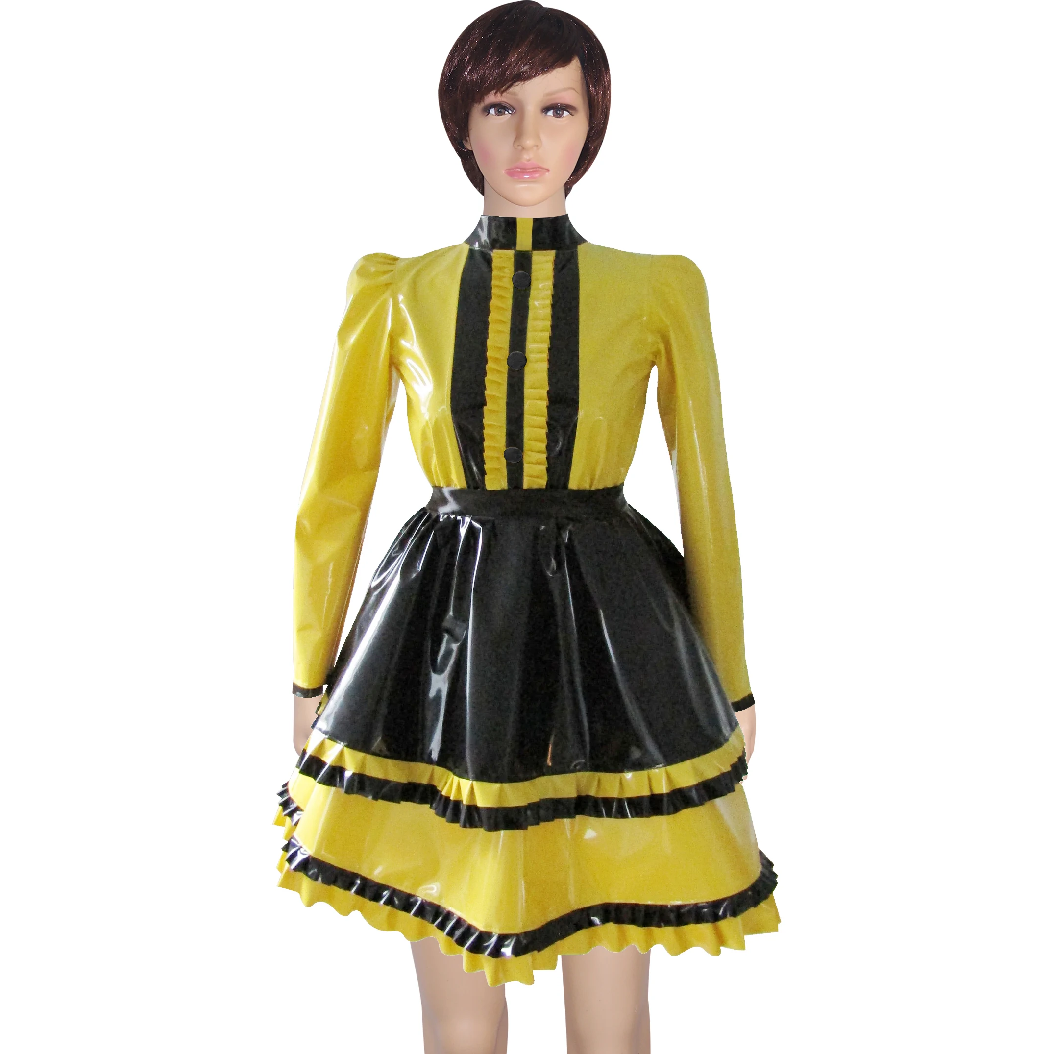 Yellow And Black Sexy French Maid Latex Uniform Outfit With Zipper At Back Puff Sleeves Ruffles Rubber Dresses LYQ-0312