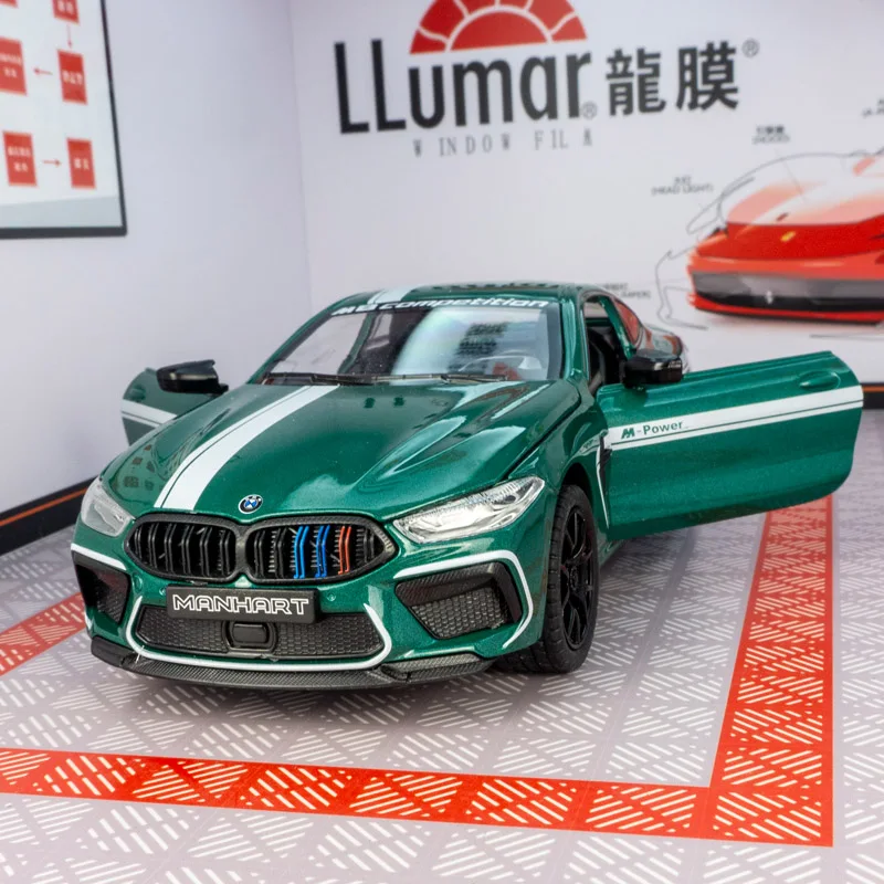 1:24 BMW M8 decoración de modelo de coche de aleación, puertas y capó de motor, el maletero se puede abrir, juguetes para niños, regalos de cumpleaños