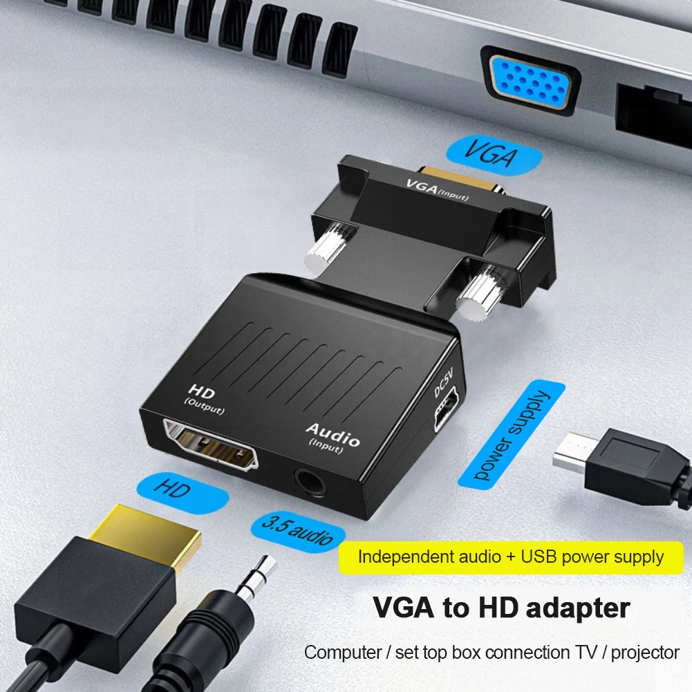 Ultra-small 1080P HD VGA To HDMI-compatible Adapter With 3.5mm Audio Cable To HDTV Projector Video Audio Converter For PC Laptop