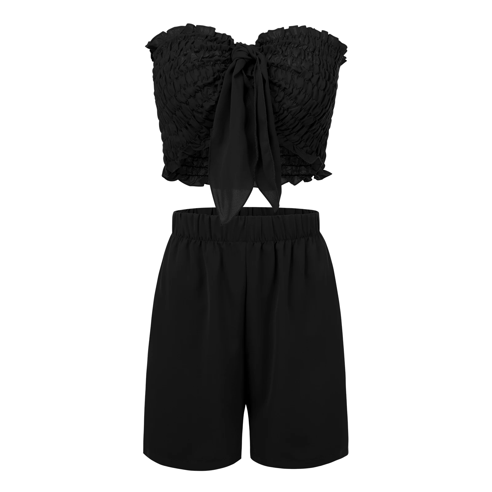 Women\'s Two-Piece Suit Solid Color Sleeveless Off Shoulder Pleated Crop Tops + Elastic Waist Shorts