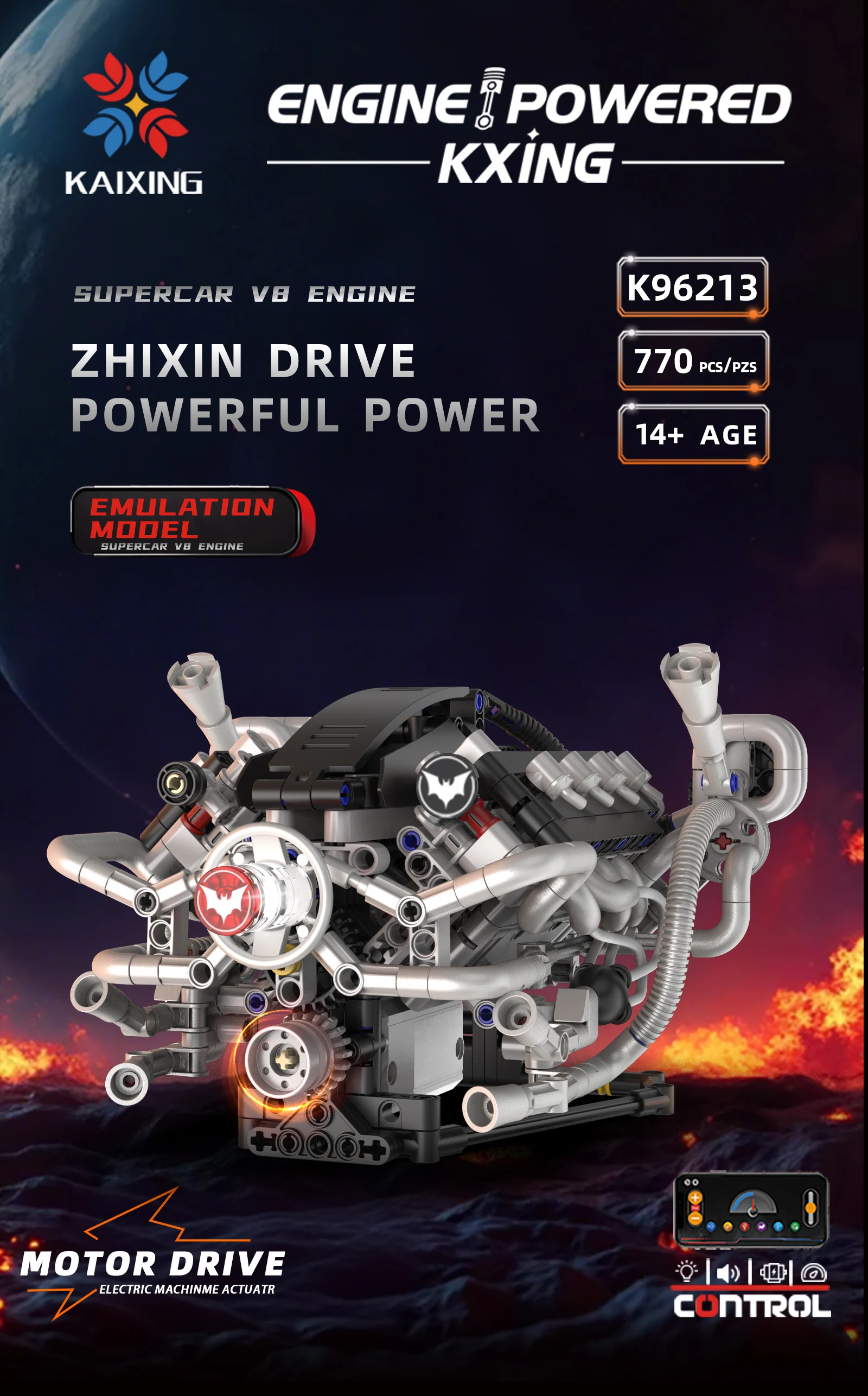 K96213 770pcs V8 Engine Model Bricks MOC Kit Programmable Car Building Blocks with LED Lights & APP Control STEM Educational Toy