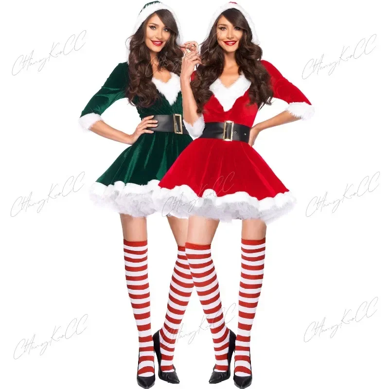

New Year Christmas Fancy Party Cosplay Red Dress Lady Sexy Santa Claus Suit V-neck Half Sleeve Hoodie Xmas Costume Dress