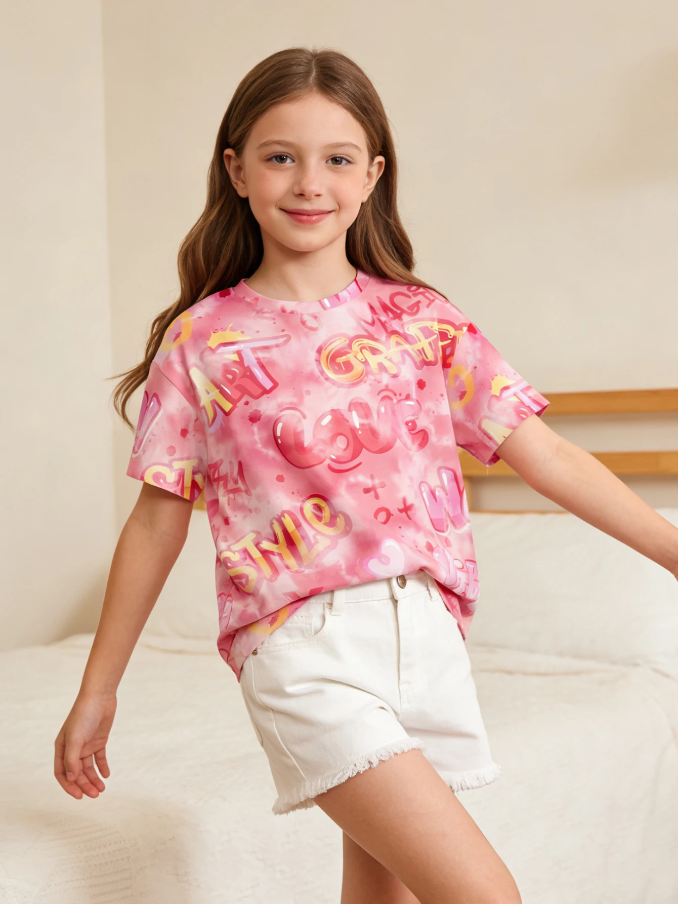 

2026 Girls pink tie-dye letter short-sleeved T-shirt, loose summer top for older children