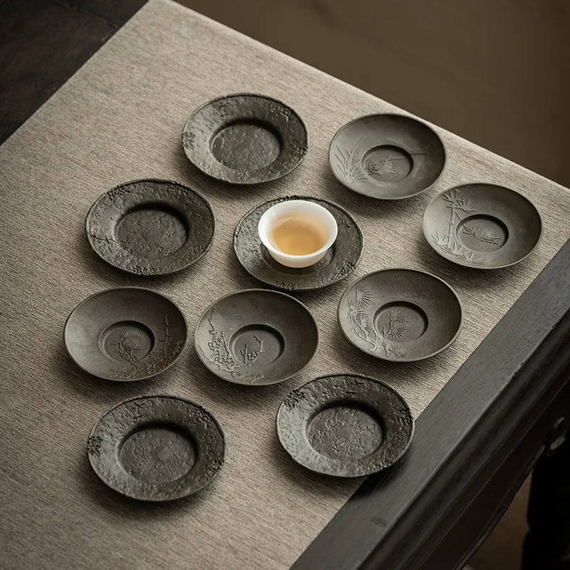 Pure Tin Tea Coaster Hand Hammered Pattern Silver Style Japanese Tea Mat Dry Brewing Kung Fu Tea Set Affordable Luxury Vintage
