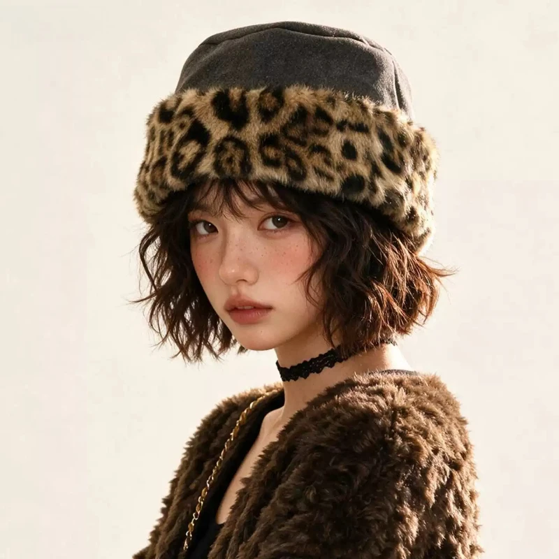 New Fashion Leopard‑Print Plush Bucket Hats for Women Winter Warm Fisherman Cap Stylish Vibe Outdoor Travel Basin Caps Y2K
