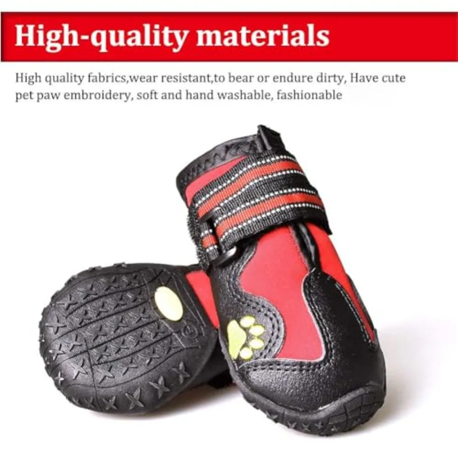 NonSlip Waterproof Dog Boots for Outdoor Use Rugged Sole Dog Shoes for Medium to Large Dogs 4Pcs Set in BlackRed Ideal for Hiki