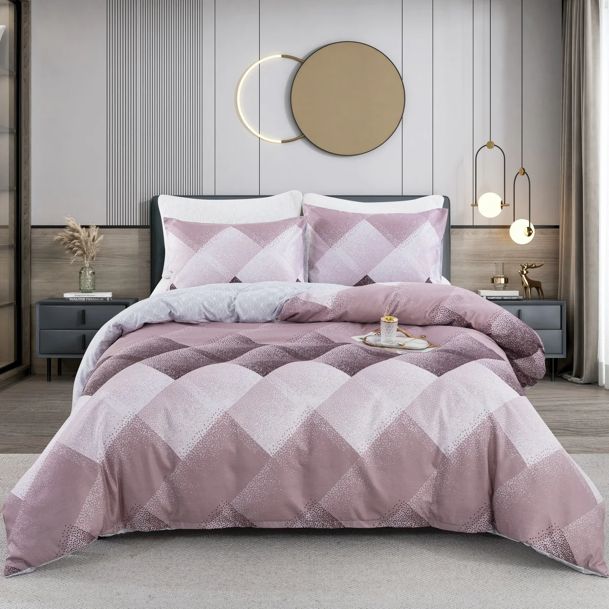 Purple Pink Geometric Pattern Duvet Cover Set and 2 Pillowcase,3 Pcs Soft Fluffy Bed Linen Set with Zip, Luxury Dots Bedding Set