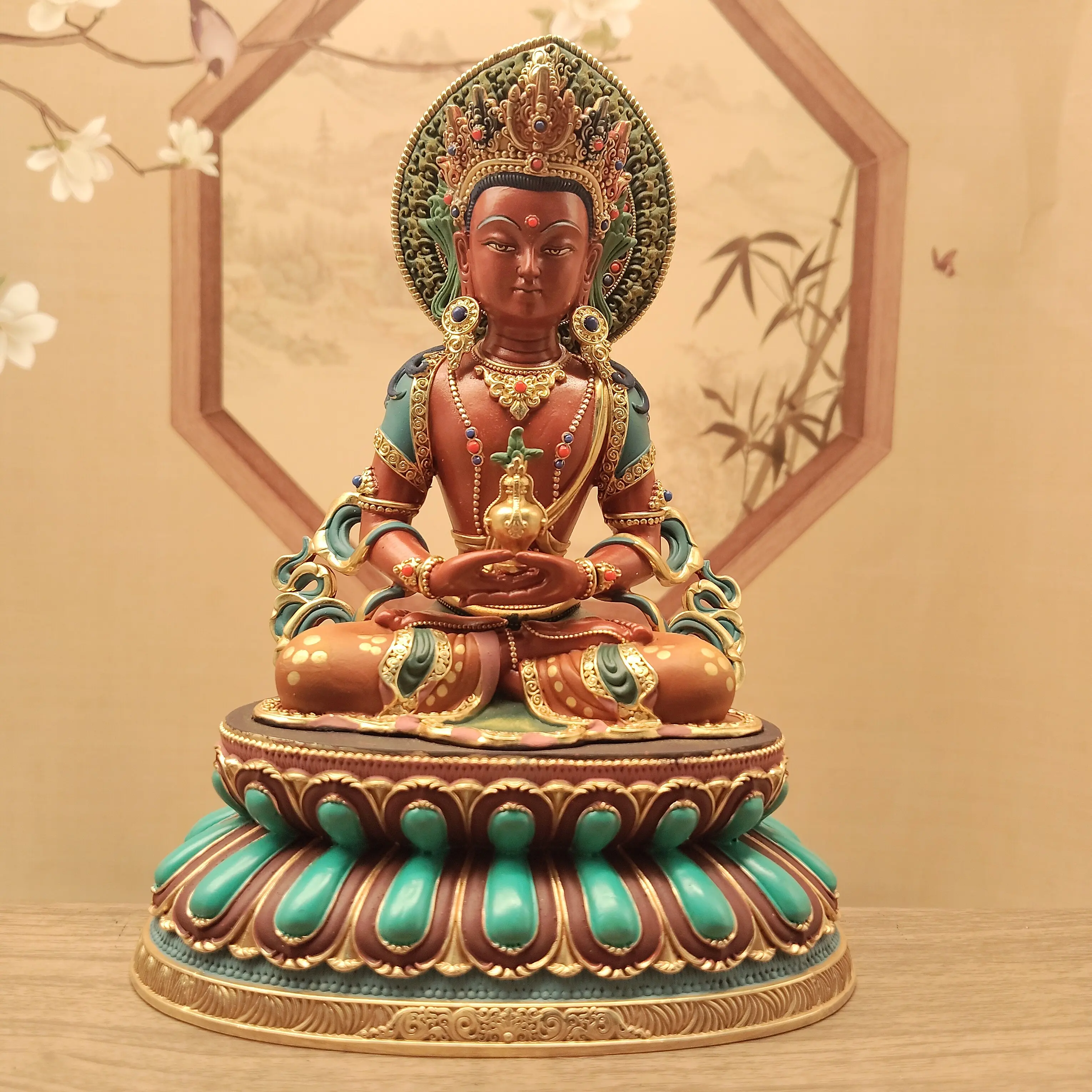 Tibetan Buddhist Copper Painted Amitayus Buddha Statue 15cm Home Office Career Blessing Gift