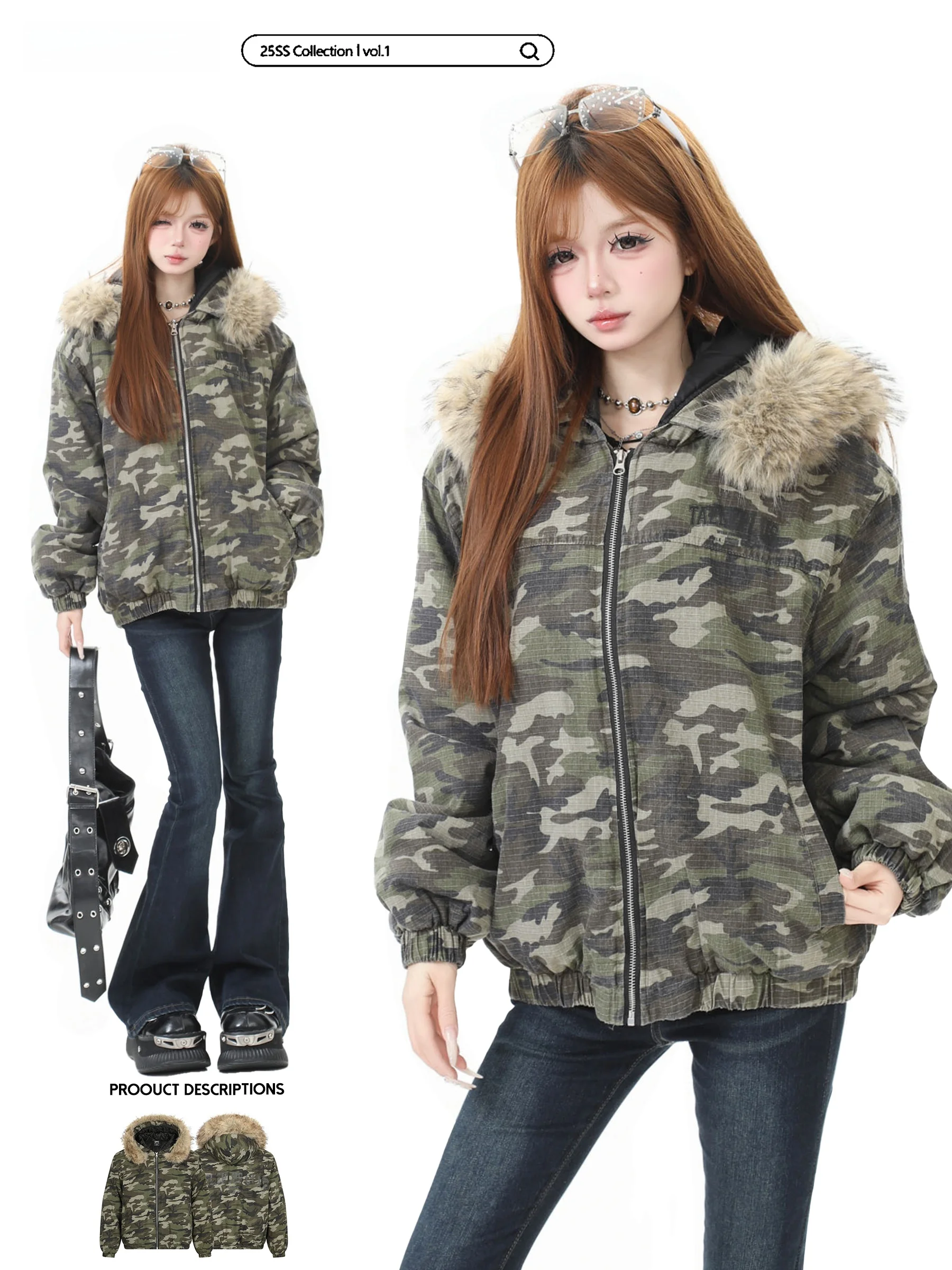 

Retro American Basterds Detachable Fur Collar ort Cotton Jaet Women's Winter Thi Warm Workwear Coat Street Sle Loose Fit