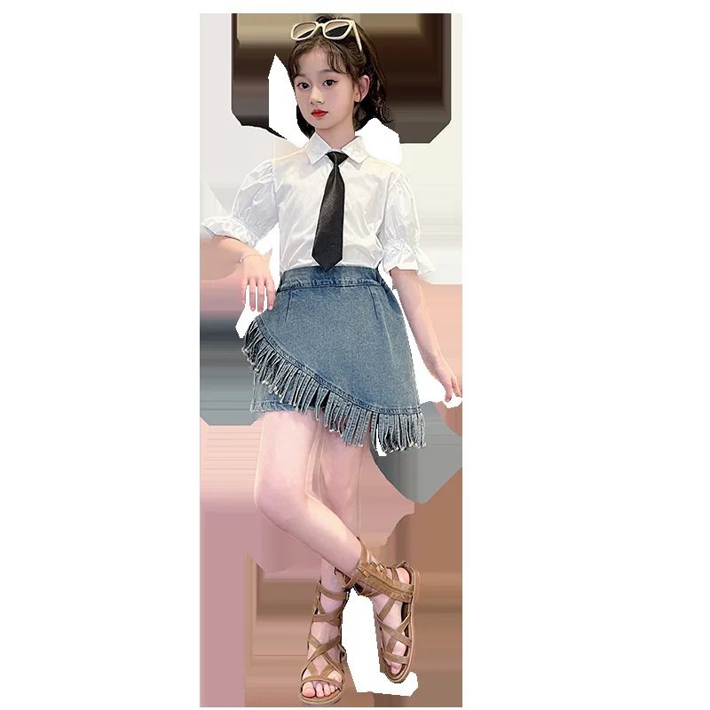 2025 الصيف ألف خط مرونة الخصر الفتيات الفتيات الدنيم السراويل التحيز شرابة تنورة الأطفال المراهقين رقيقة الركبة الملابس 4 5 8 10 12 سنة #6