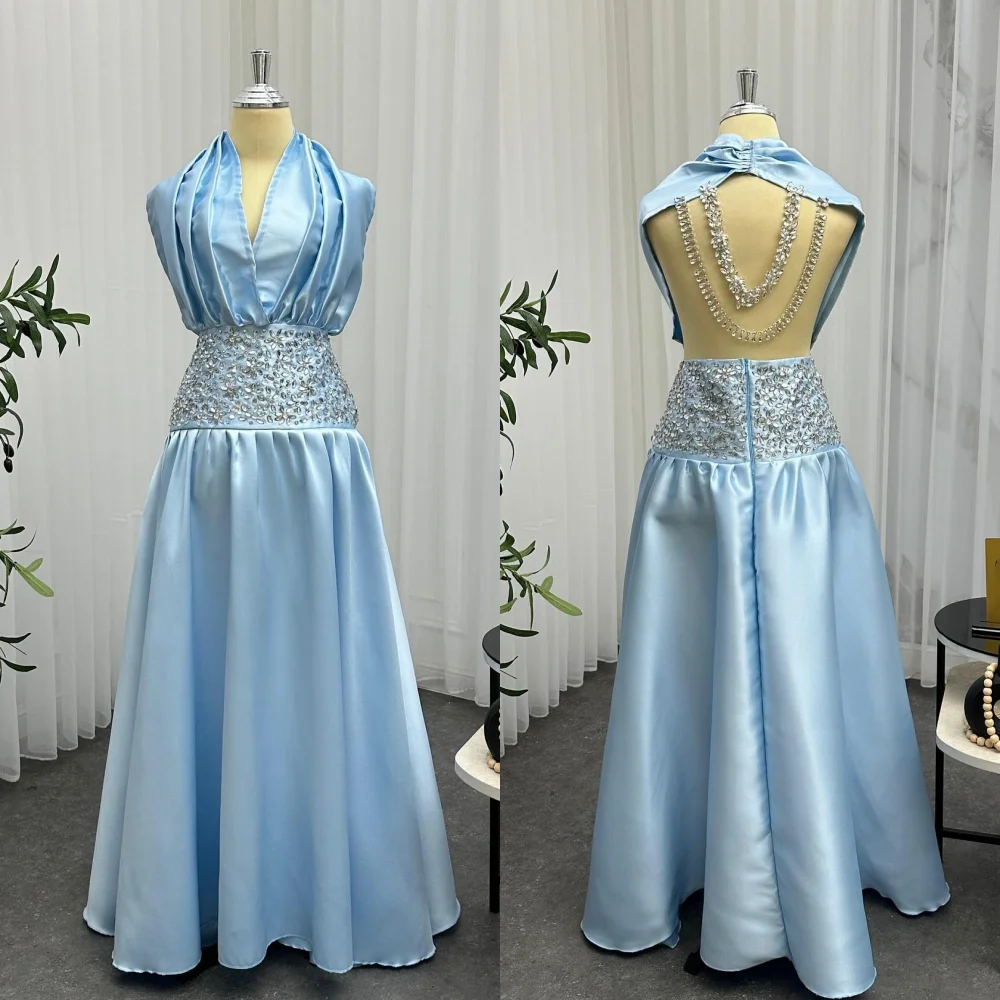 

Customized Intricate Pleat Draped Rhinestone A-line V-neck Long Dresses Bespoke Occasion Dresses Sizes Available High Quality