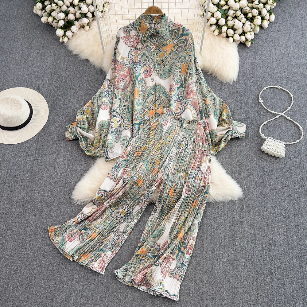 Women Casual Loose 2 Piece Set Floral Pleated Pants Suit Summer Lantern Sleeve Shirt Wide Leg Pants Leopard Female Outfit Spring