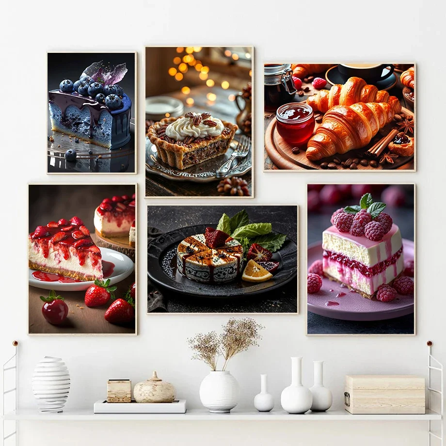 Delicious Afternoon Tea Croissant Cream Chocolate Strawberry Mousse Dessert Poster Canvas Paintings Wall Art Pictures Home Decor