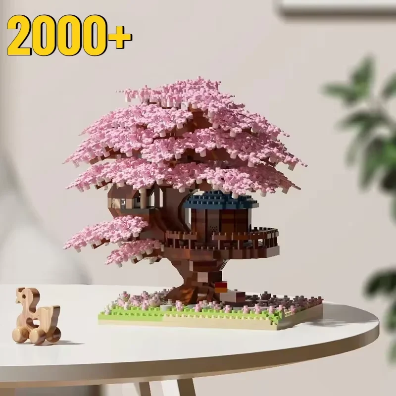Casa del árbol de flor de cerezo romántica rosa, Mini partículas de bloques de construcción Diy, casa del árbol púrpura, juguete de ladrillo, regalos de navidad para niñas