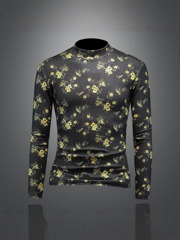 

Повседневная мужская футболка с высоким воротником и длинным рукавом, модная, с вышивкой, для весны и осени, новая модель, базовая одежда